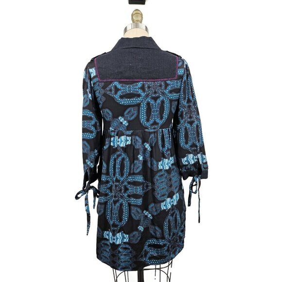 Custo Barcelona Silk Mini Dress Womens XS/S? Linen Collar Blue Black Long Sleeve - Picture 5 of 7